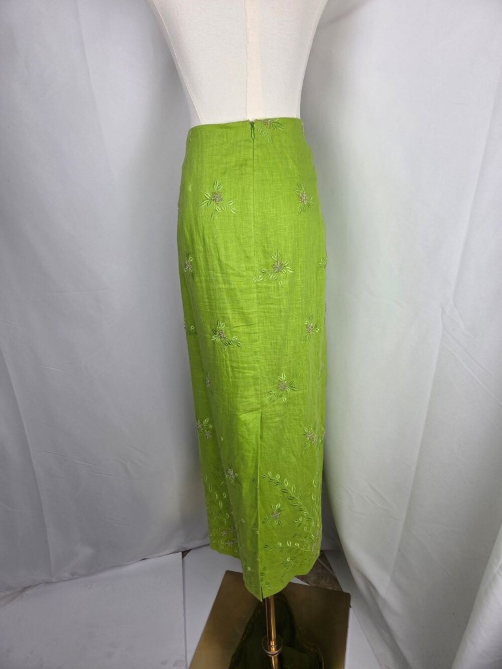 Vintage Lime Green Linen Skirt Sz 14 Floral Embroidery Maxi Coastal Boho Summer - Picture 4 of 13